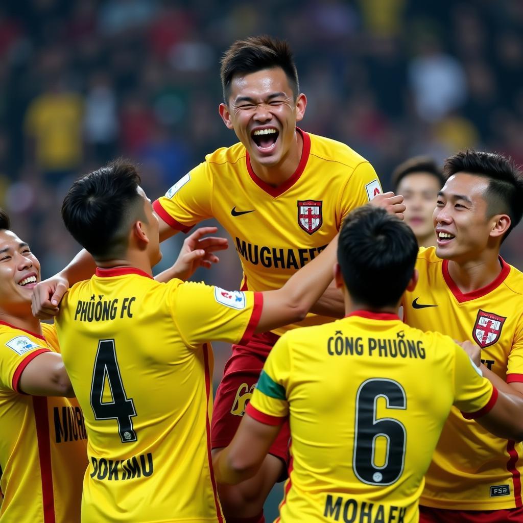 Cong Phuong celebrates a goal for Hanoi FC