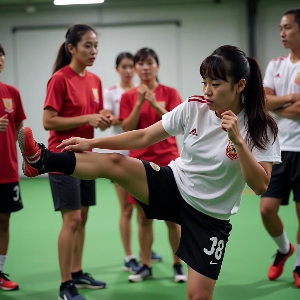 Cung Thuy Lan diligently practicing her sepak takraw skills, showcasing her dedication to the sport.