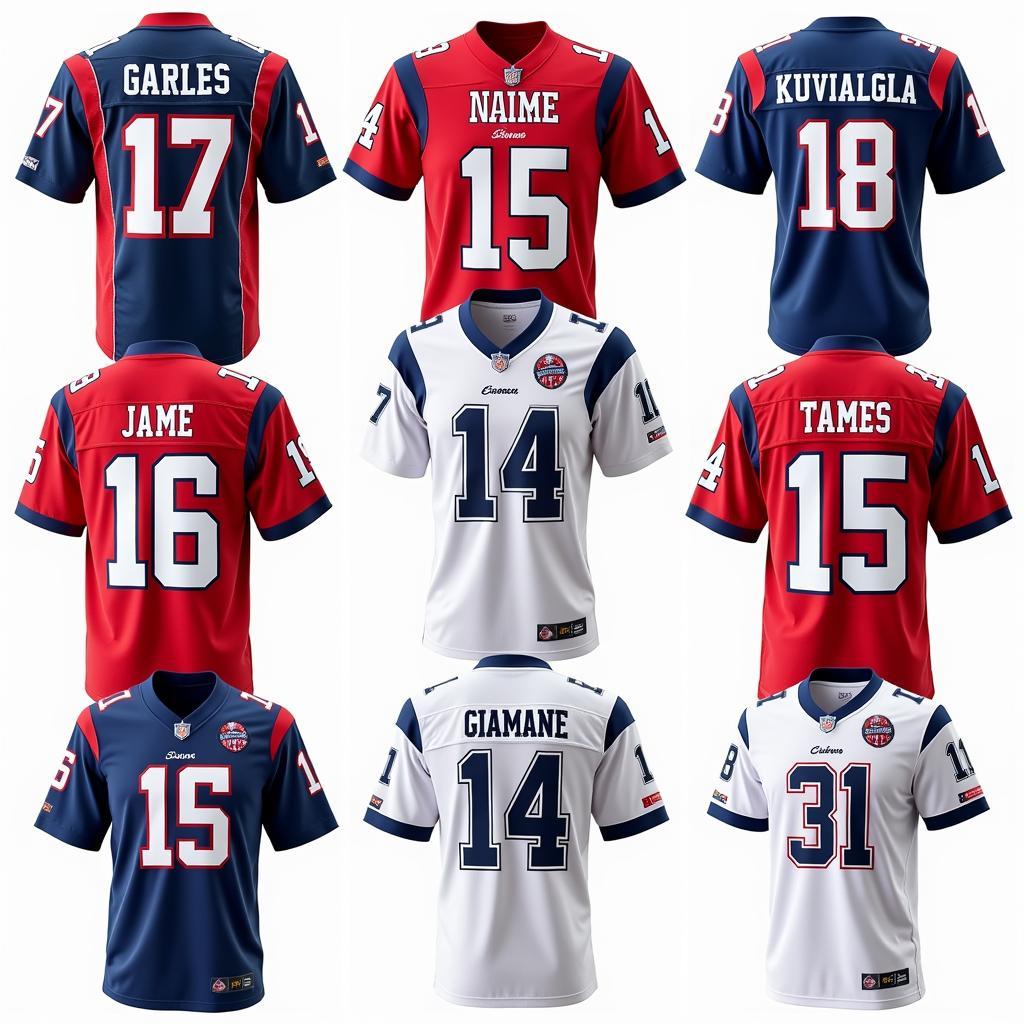 Examples of customized football player printed jerseys with personalized names, numbers, and team logos.