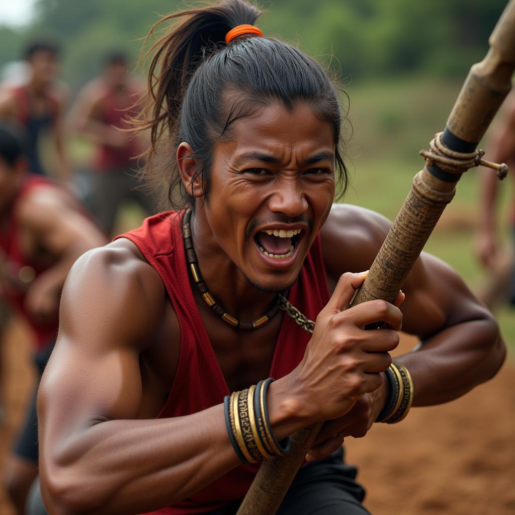 A Dak Lak football player showcasing their physical prowess and unique style.