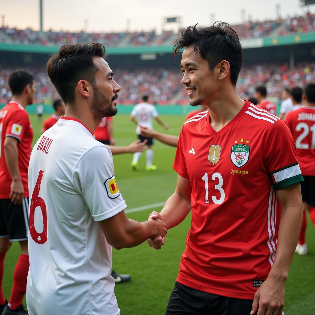 Dang Van Lam shakes hands with a Jordanian player