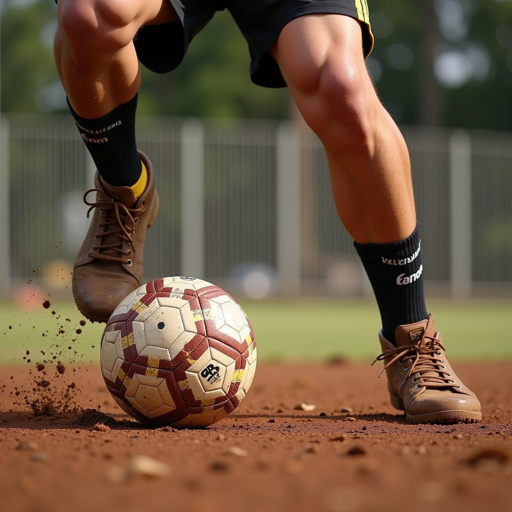 Close-up of Dao The Phong's footwork during a football drill