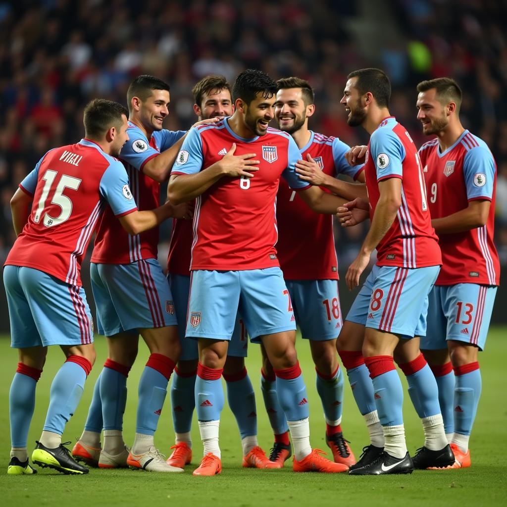 David Villa celebrating a victory with teammates