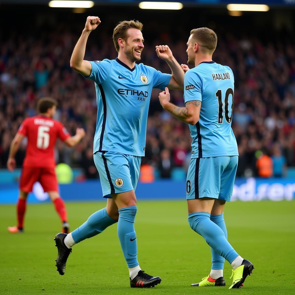 De Bruyne and Haaland celebrate a goal