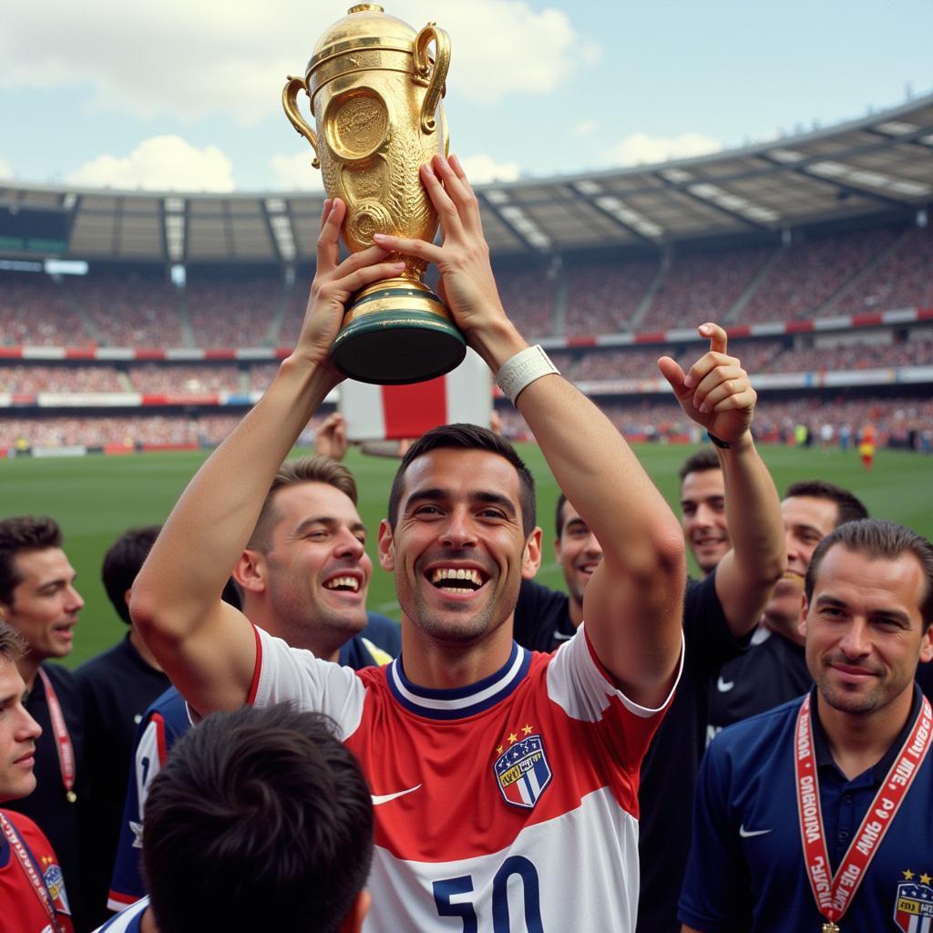 Didier Deschamps lifting the FIFA World Cup trophy.