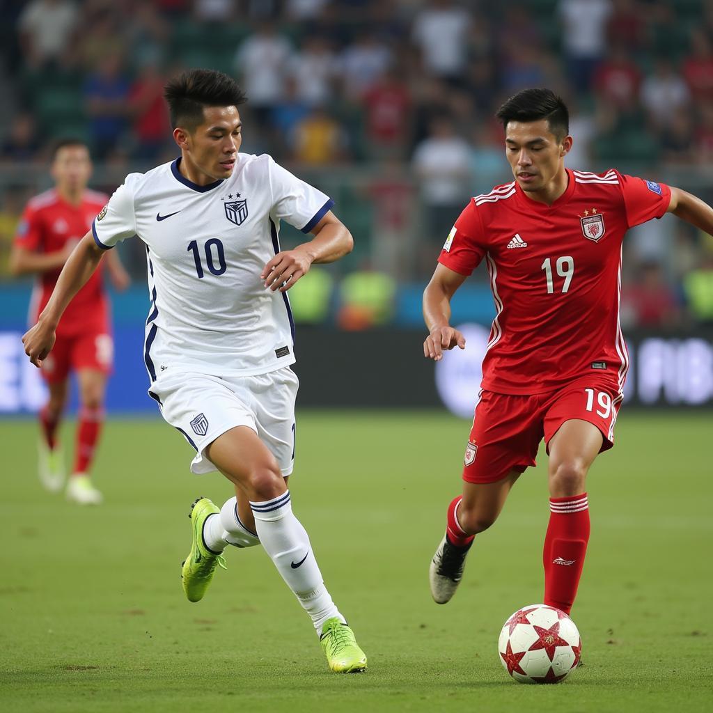 Dinh Thanh Trung in action during a football match, showcasing his skills and agility.