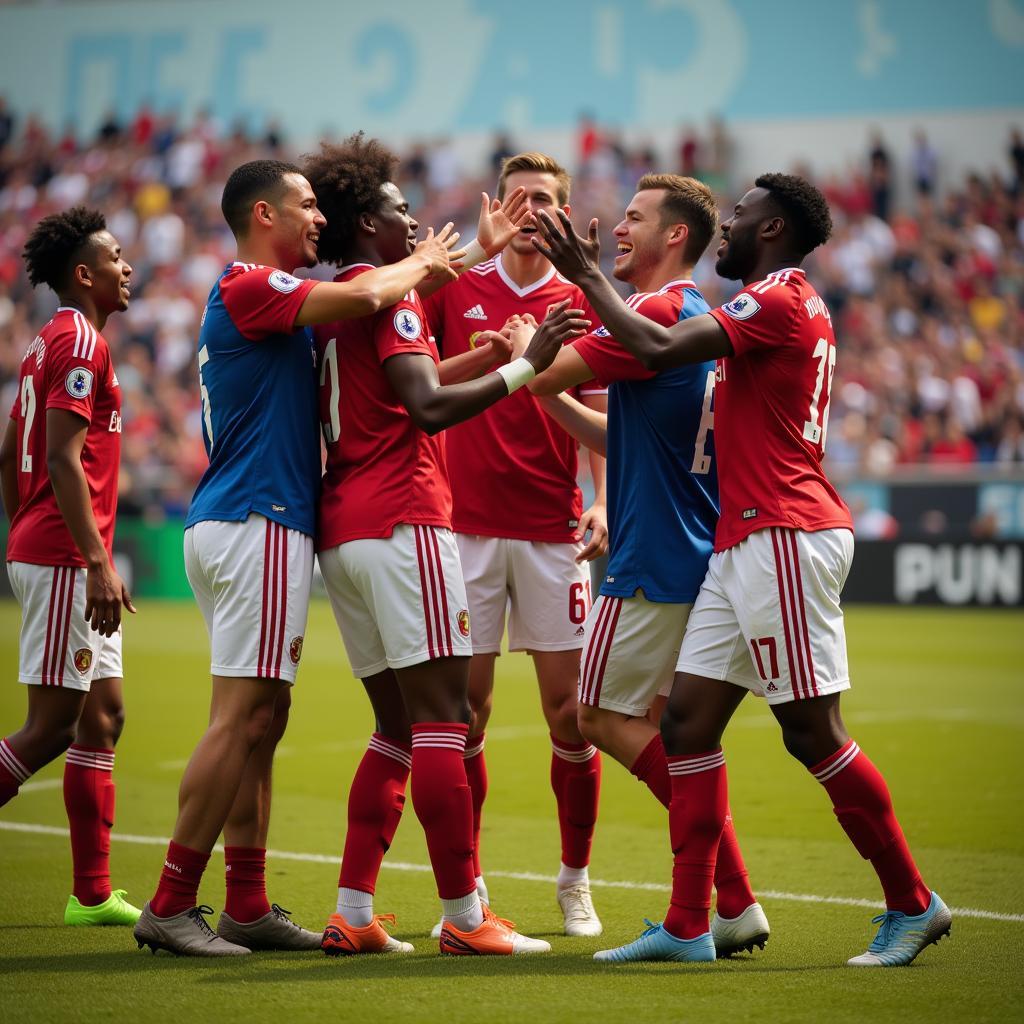 Diverse football players celebrating a goal