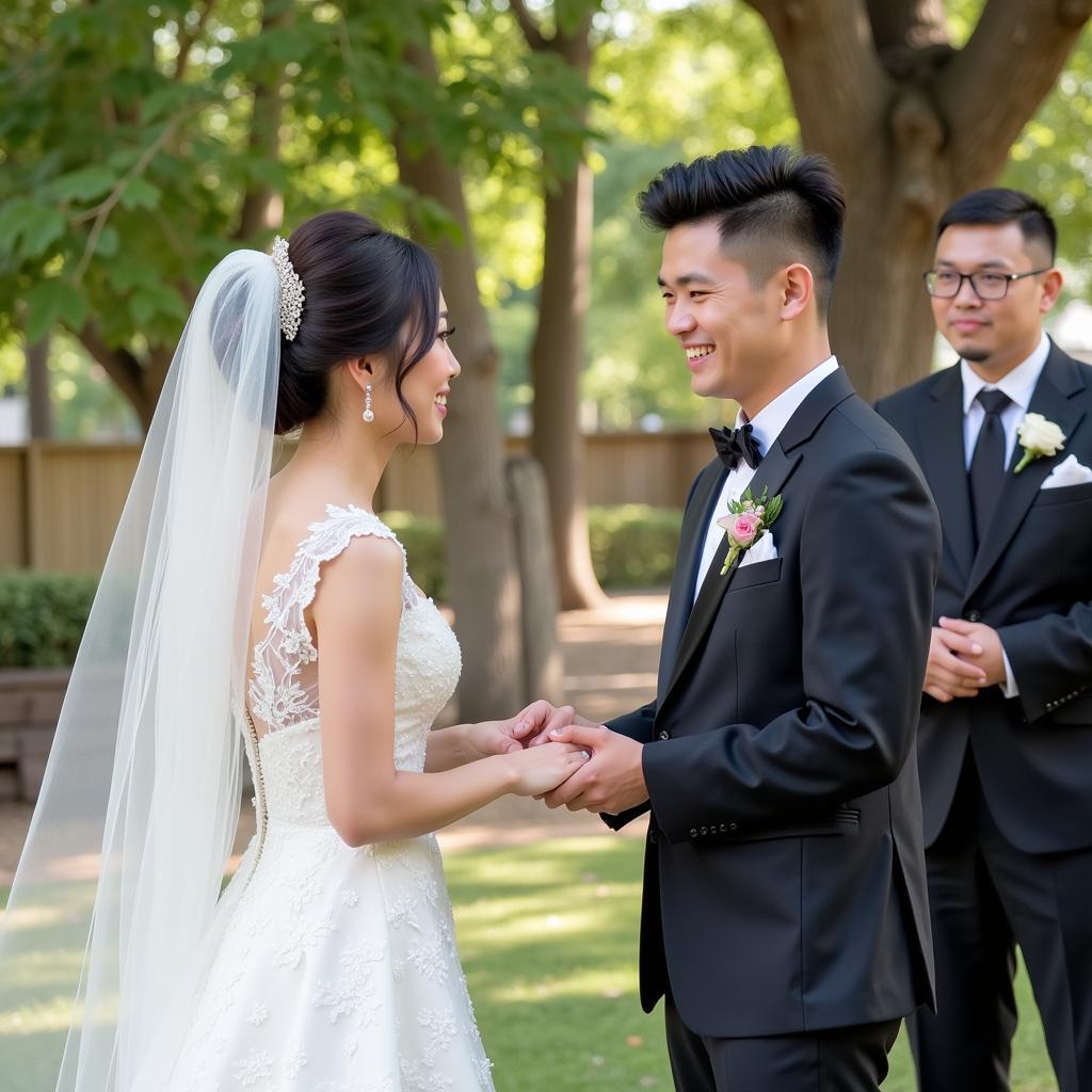 Do Hung Dung and his bride at their wedding ceremony