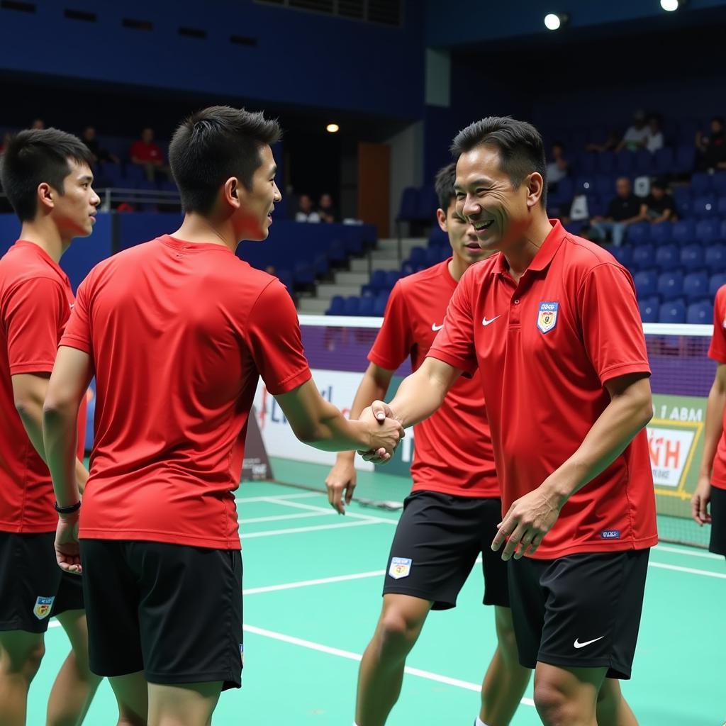 Doan Van Hau interacting with Thai players after a match, showcasing sportsmanship.