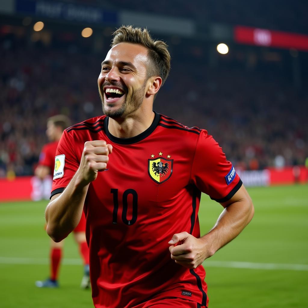 Dries Mertens celebrating a goal for Belgium while wearing the national team jersey.