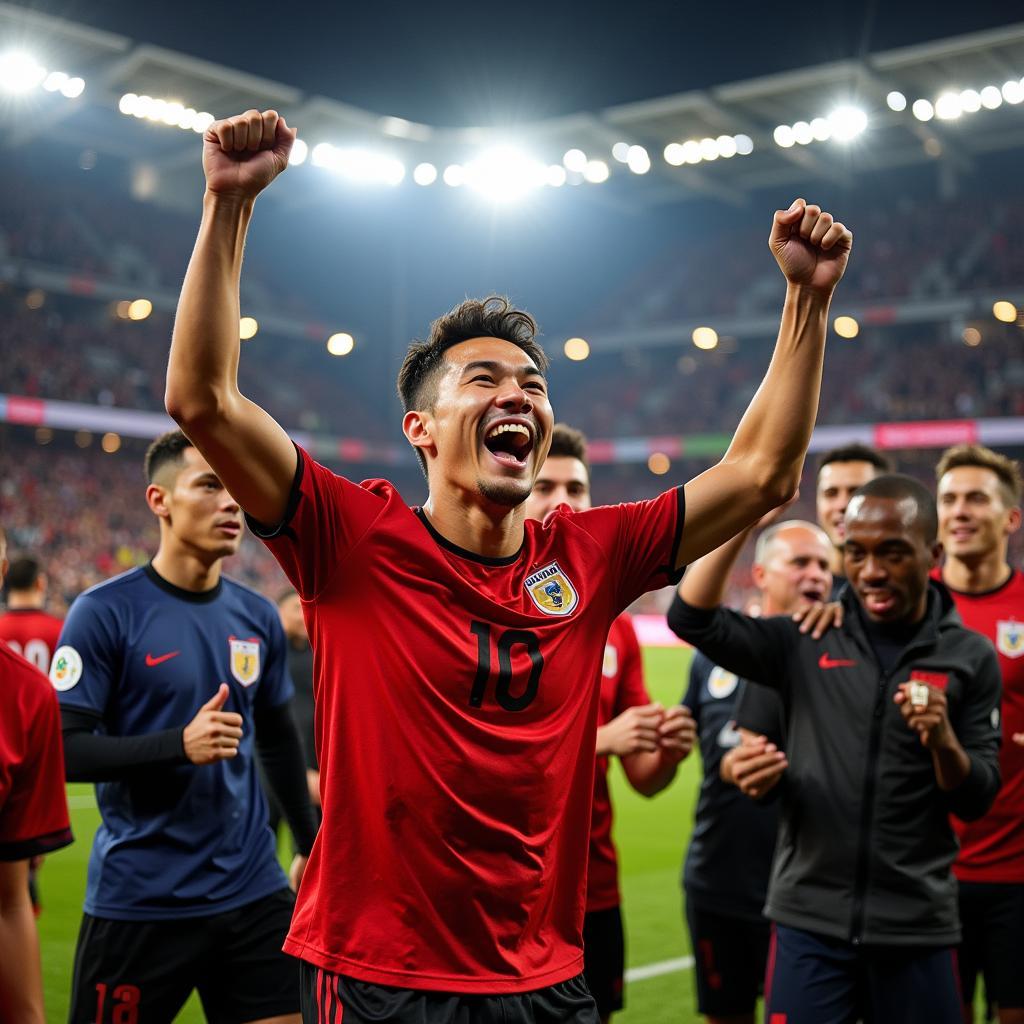 Duc Huy celebrating a goal with his teammates, showcasing the joy of victory.