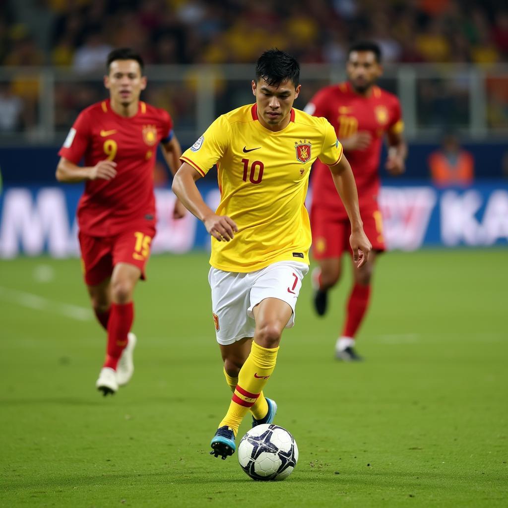 Duc Huy, a prominent Vietnamese midfielder, showcasing his skills on the field.