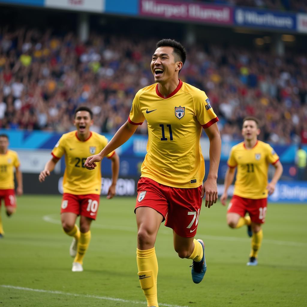 Dustin Yang celebrating a goal during a youth match.