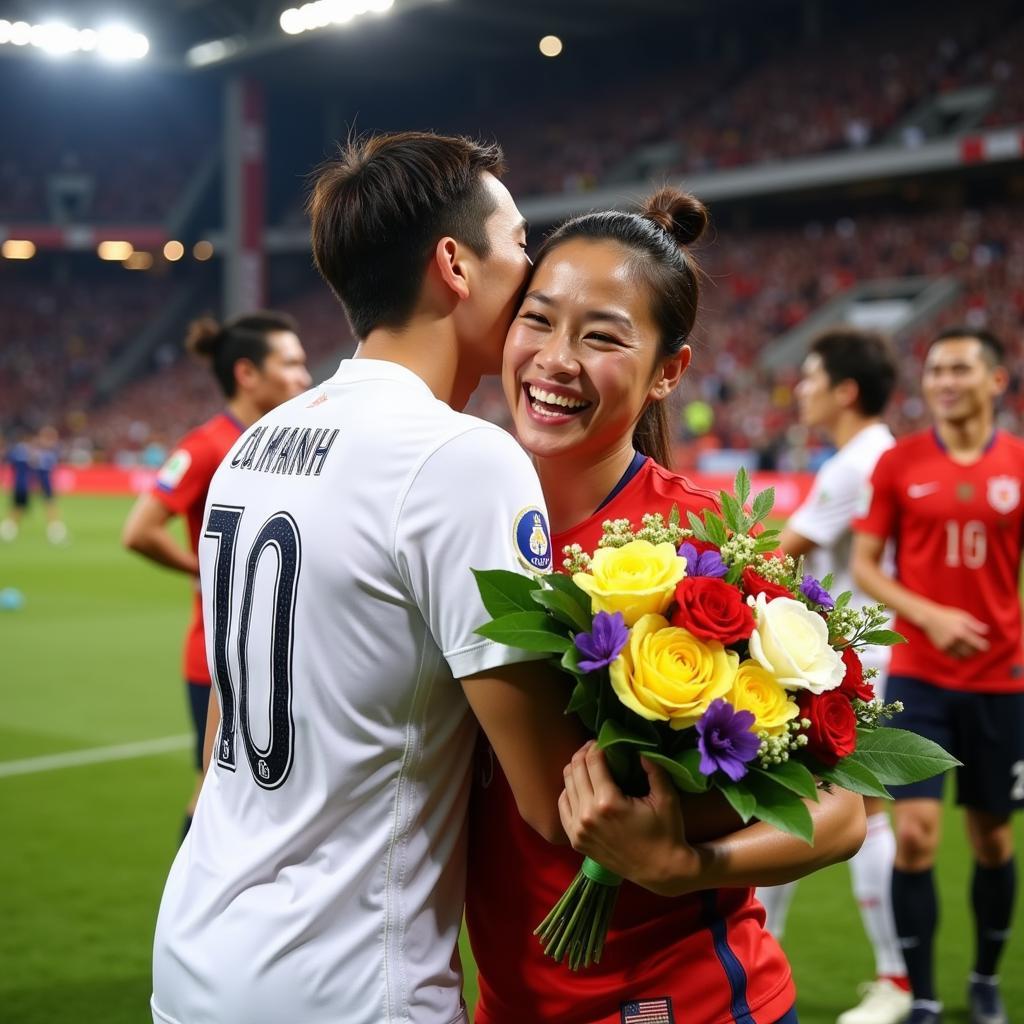 Duy Manh and his wife, Que Nguyen, celebrating a football victory.