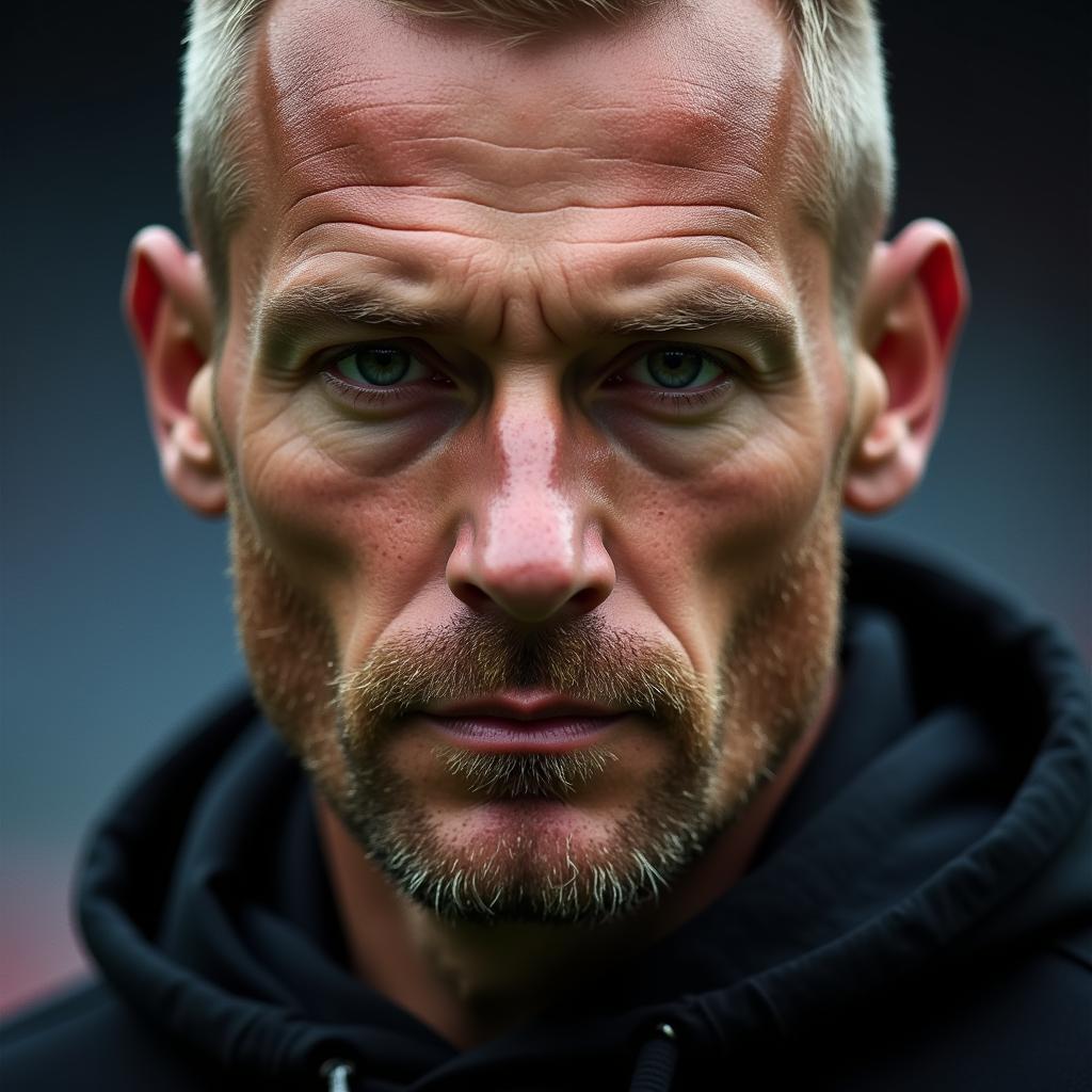 Close-up of Erling Haaland's face, highlighting his intense focus and determination, symbolized by the "black edge" mentality.