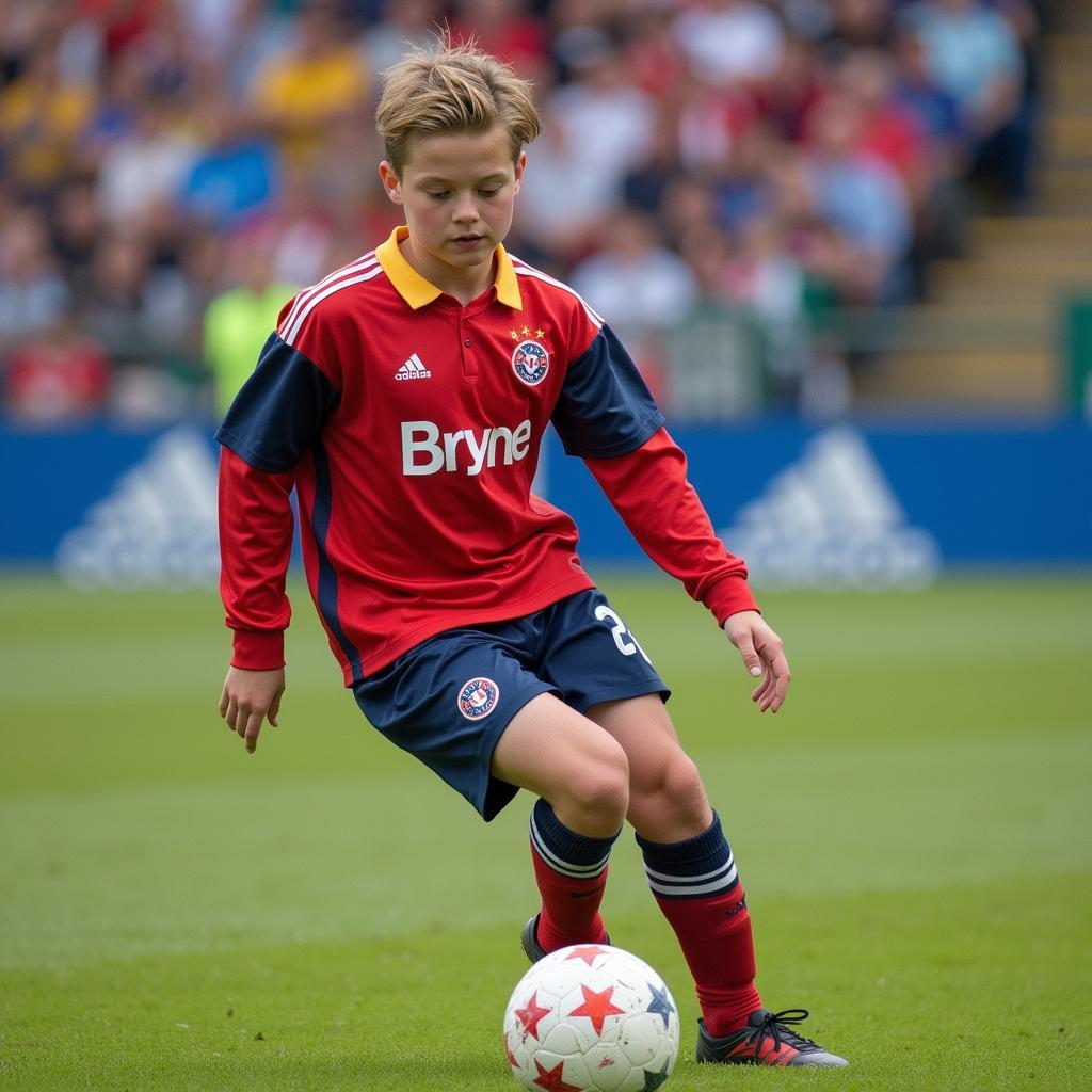 Erling Haaland playing youth football for Bryne FK, showcasing his early development and talent.