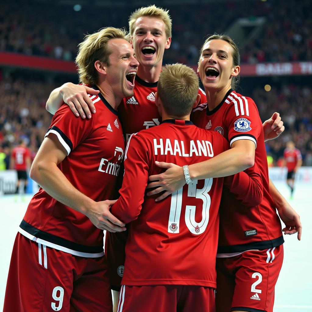 Erling Haaland celebrates a goal with teammates