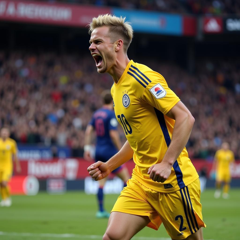 Erling Haaland celebrating a goal, inspired by his father's legacy