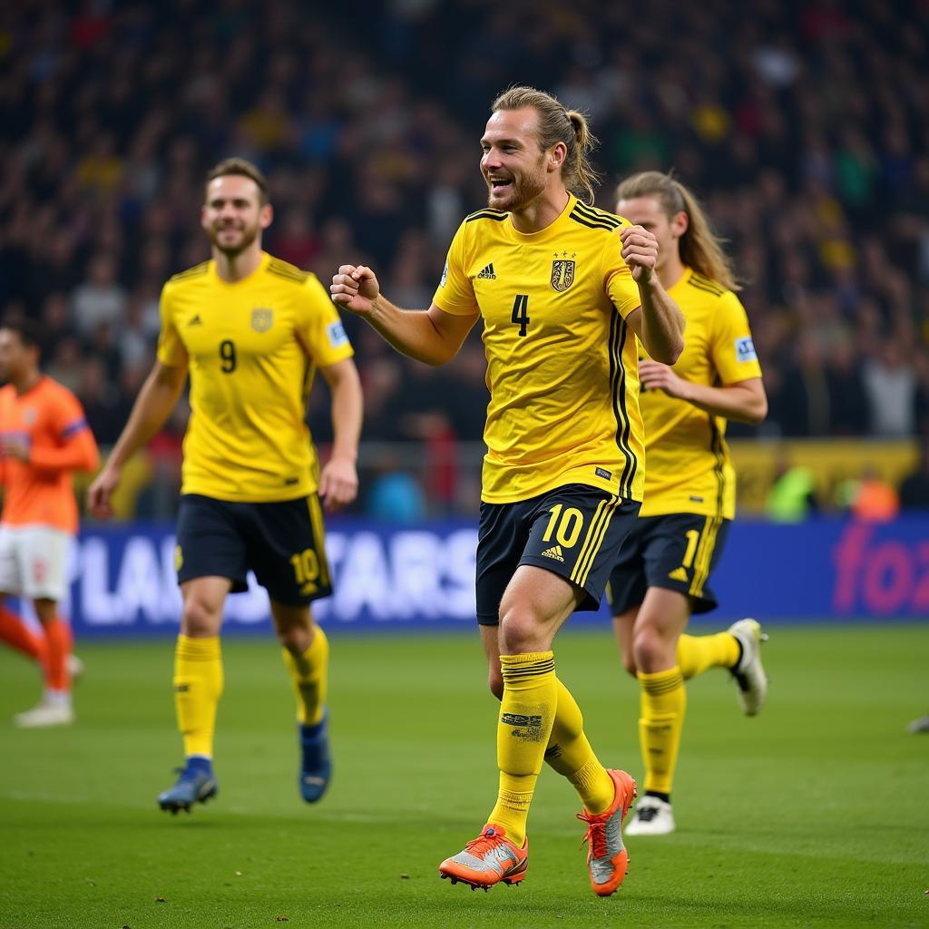 Erling Haaland celebrating a goal with his teammates