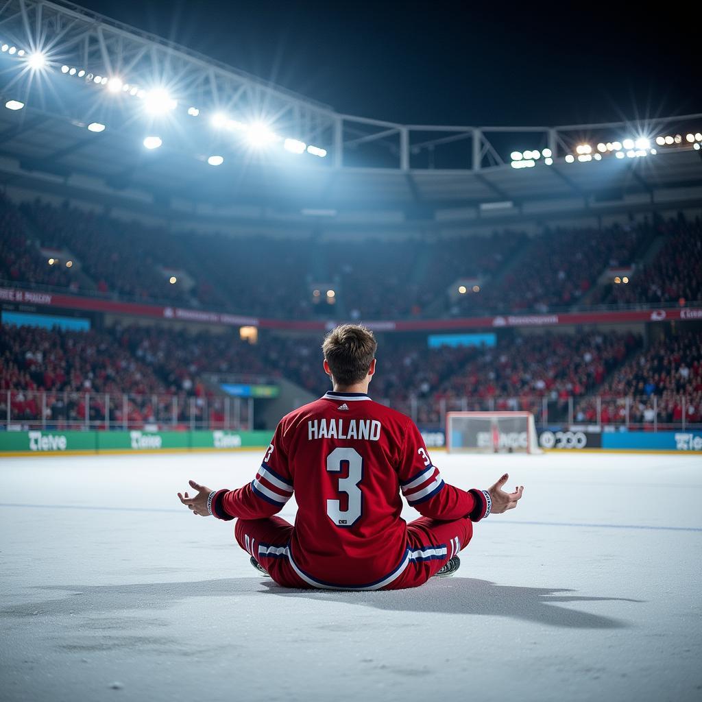 Erling Haaland celebrates a goal with his signature meditation pose, showcasing his calm demeanor amidst the intensity of a match.