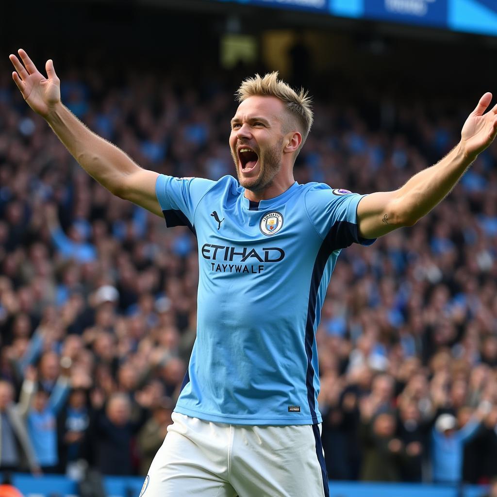 Erling Haaland celebrates a goal for Manchester City.