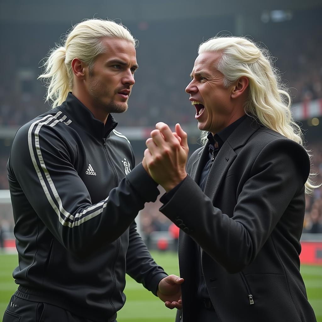 Erling Haaland celebrates a goal with intense focus, reminiscent of Daemon Targaryen's fiery determination.