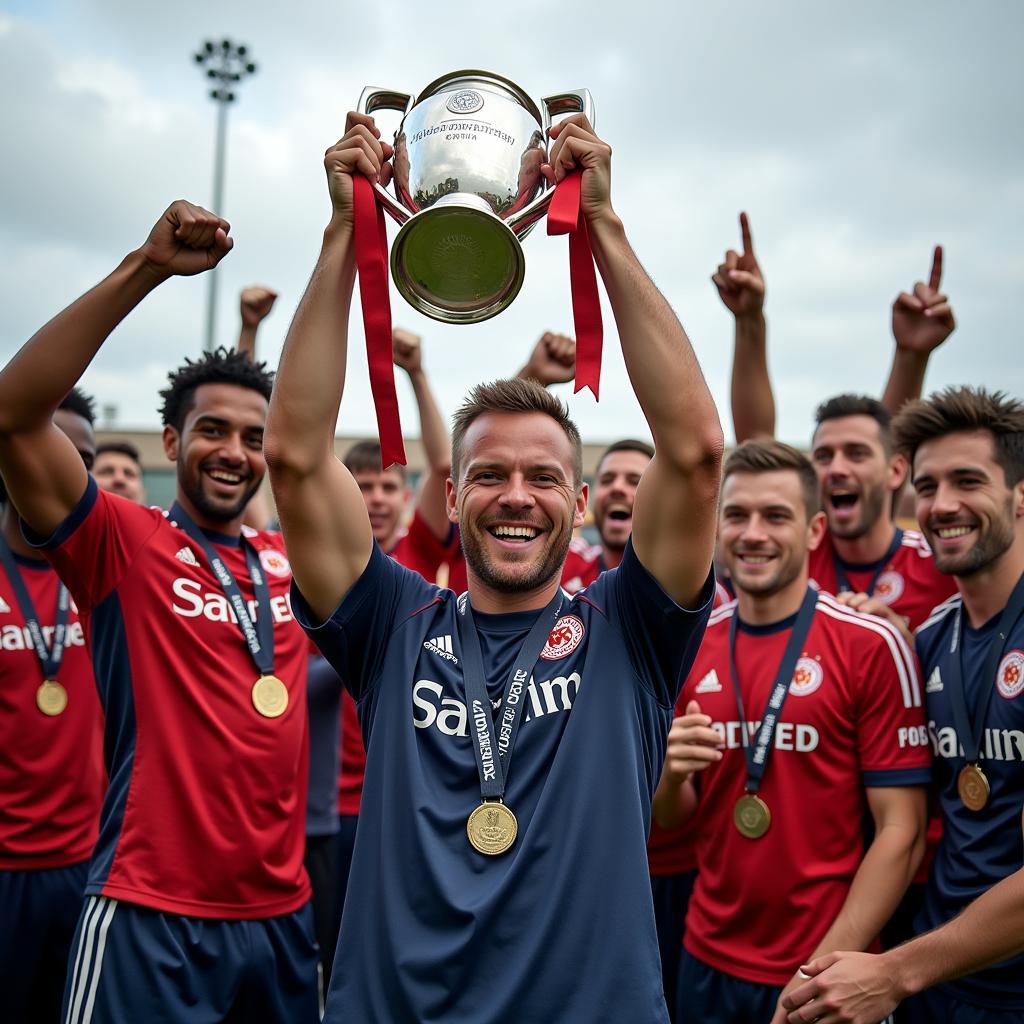 Erling Haaland poses with a Champions League trophy.