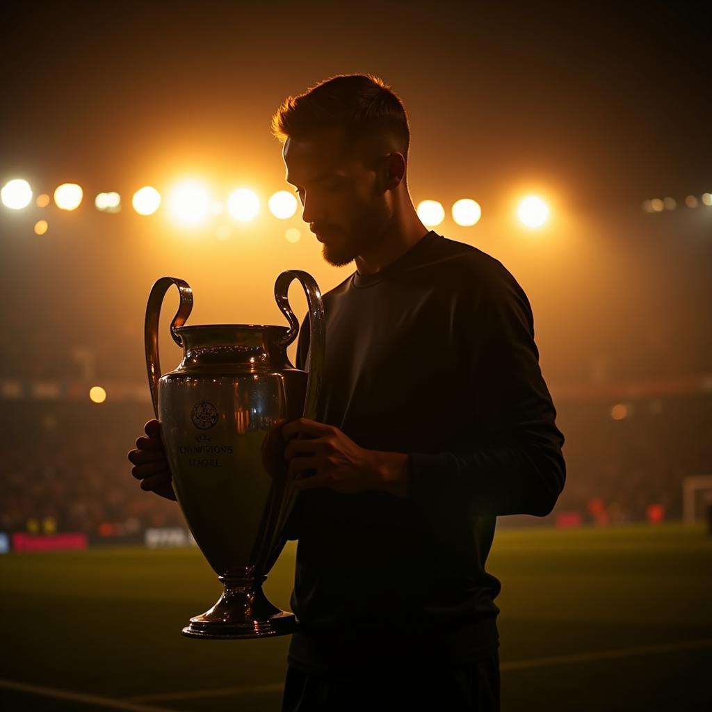 A stylized image depicting Erling Haaland lifting a Champions League trophy, symbolizing his future aspirations.