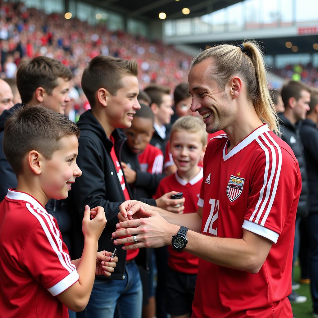 Erling Haaland interacts with young fans, signing autographs and taking pictures, demonstrating his role as a positive influence and inspiration to the next generation.