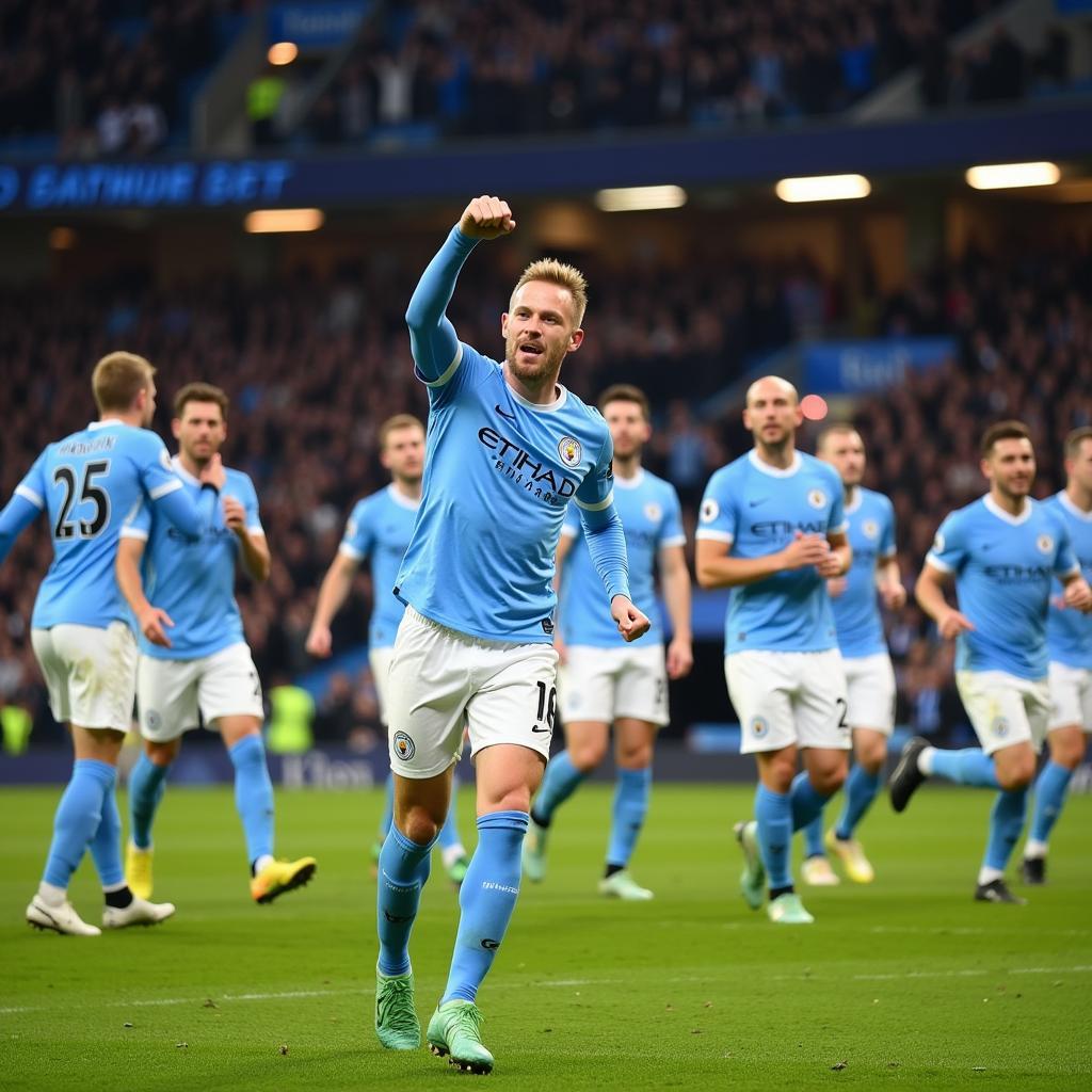 Erling Haaland celebrating a goal in a Man City jersey