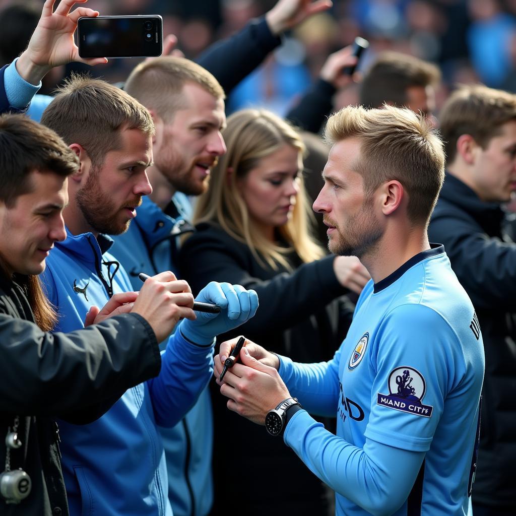 Erling Haaland interacts with Man City fans after a match, showcasing his appreciation for their support.