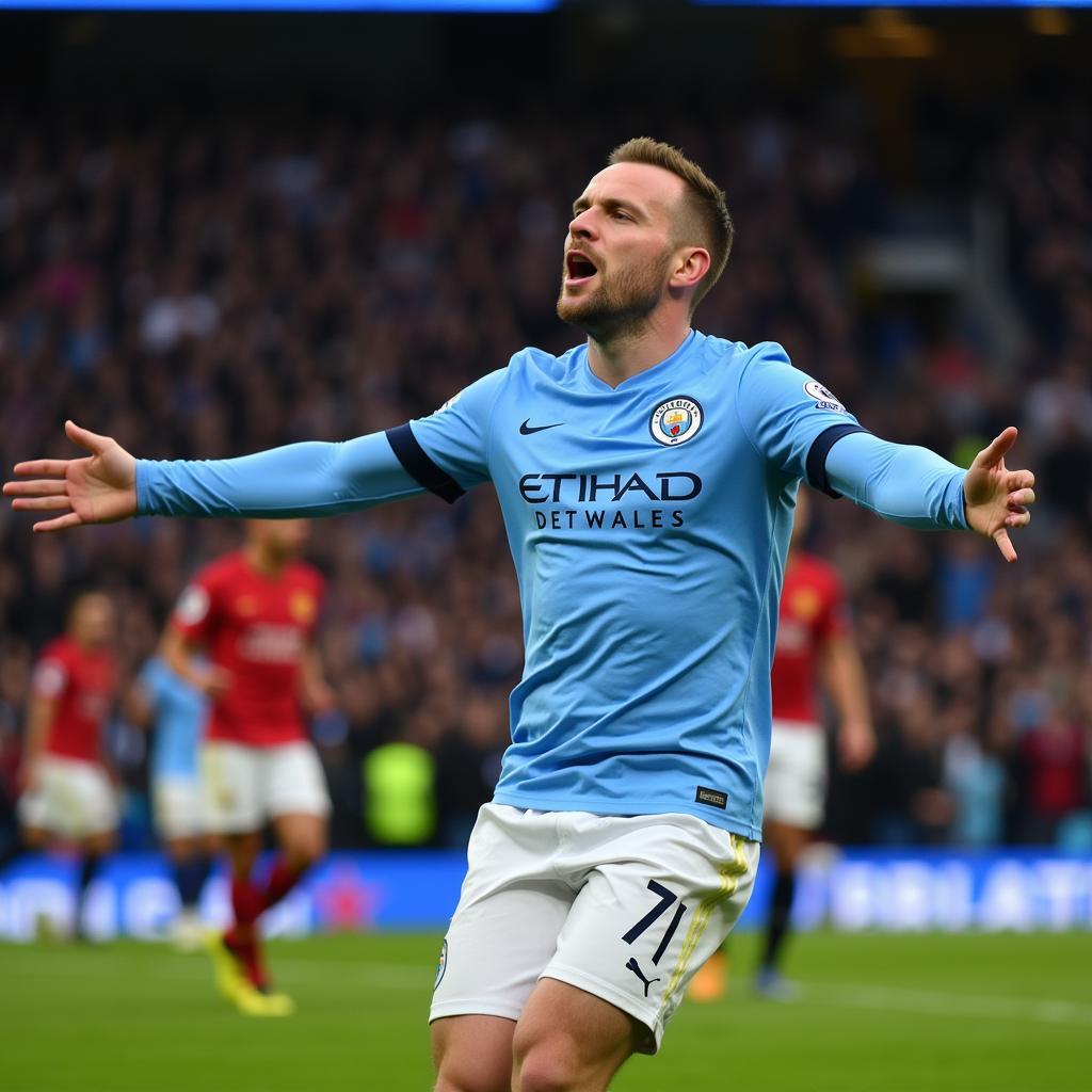 Erling Haaland celebrates a goal in his Man City jersey