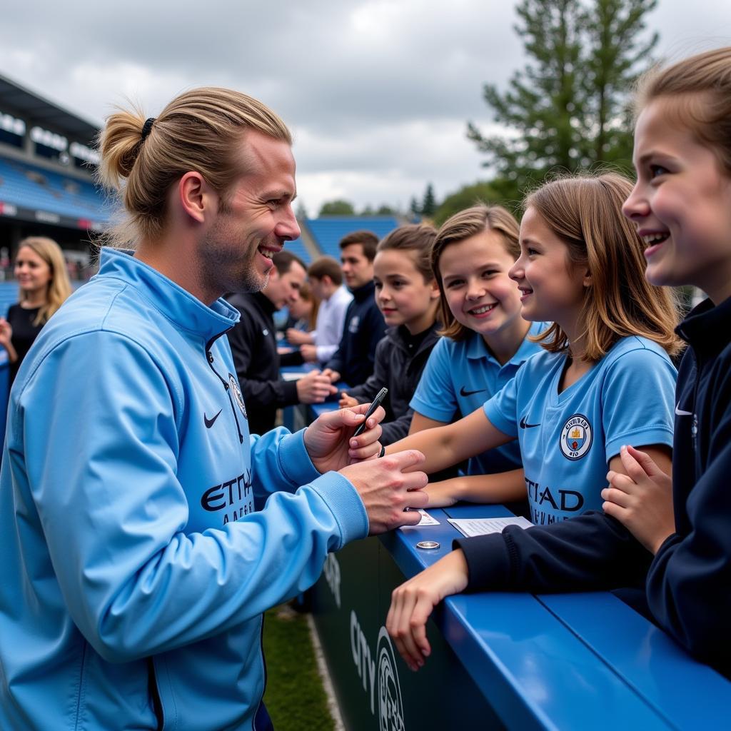 Erling Haaland interacts with Manchester City fans, signing autographs and taking photos, demonstrating his appreciation for their support.