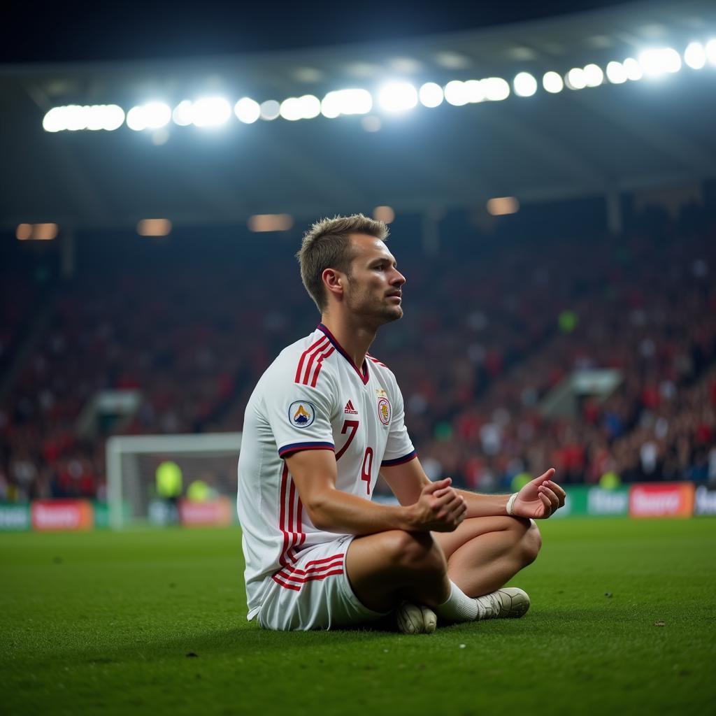 Erling Haaland performing his signature meditation celebration after scoring a goal.