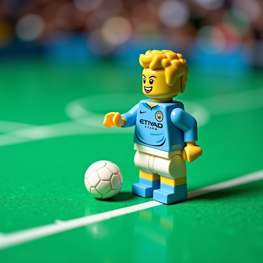 Erling Haaland minifigure standing on a miniature football pitch, holding a ball, wearing his iconic sky blue kit.