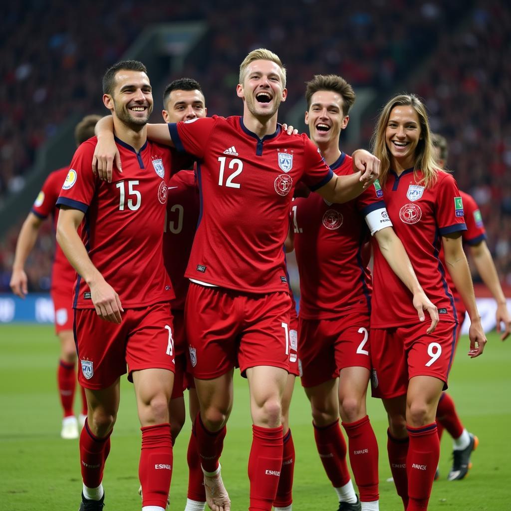 Erling Haaland celebrating with Norway teammates