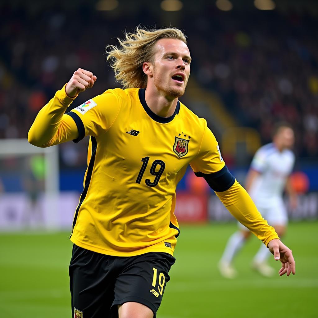 Erling Haaland celebrating a goal in his number 19 jersey