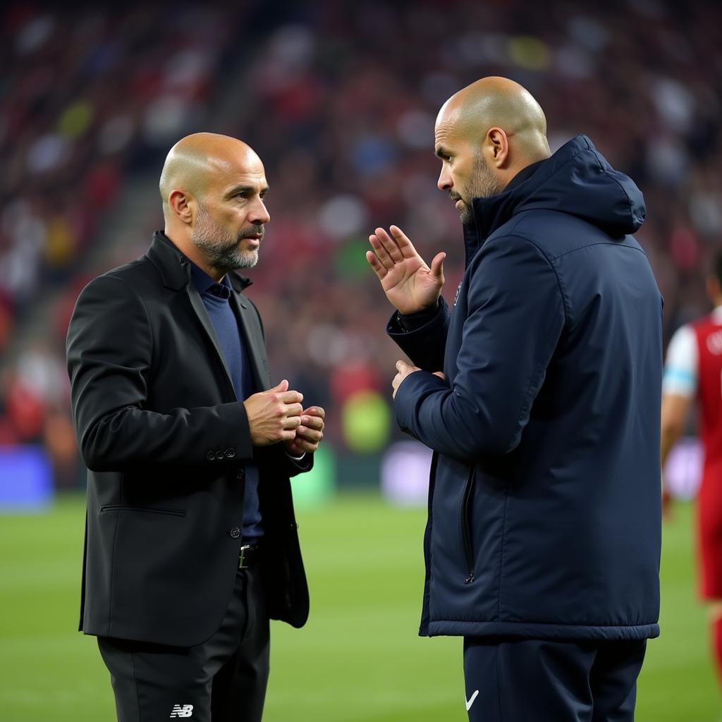 Erling Haaland and Pep Guardiola in discussion on the sidelines