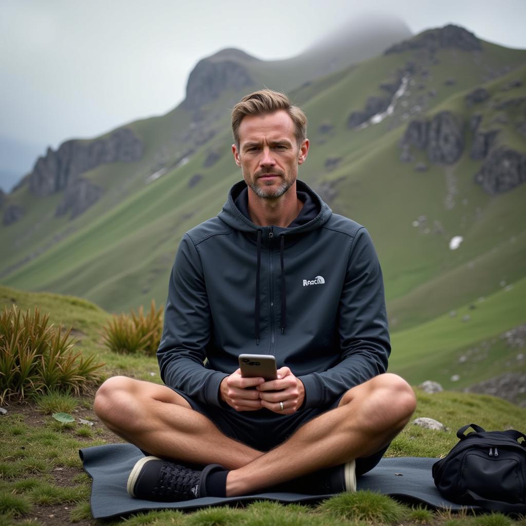 Erling Haaland taking a break from his phone to relax and recharge, possibly meditating or enjoying nature.