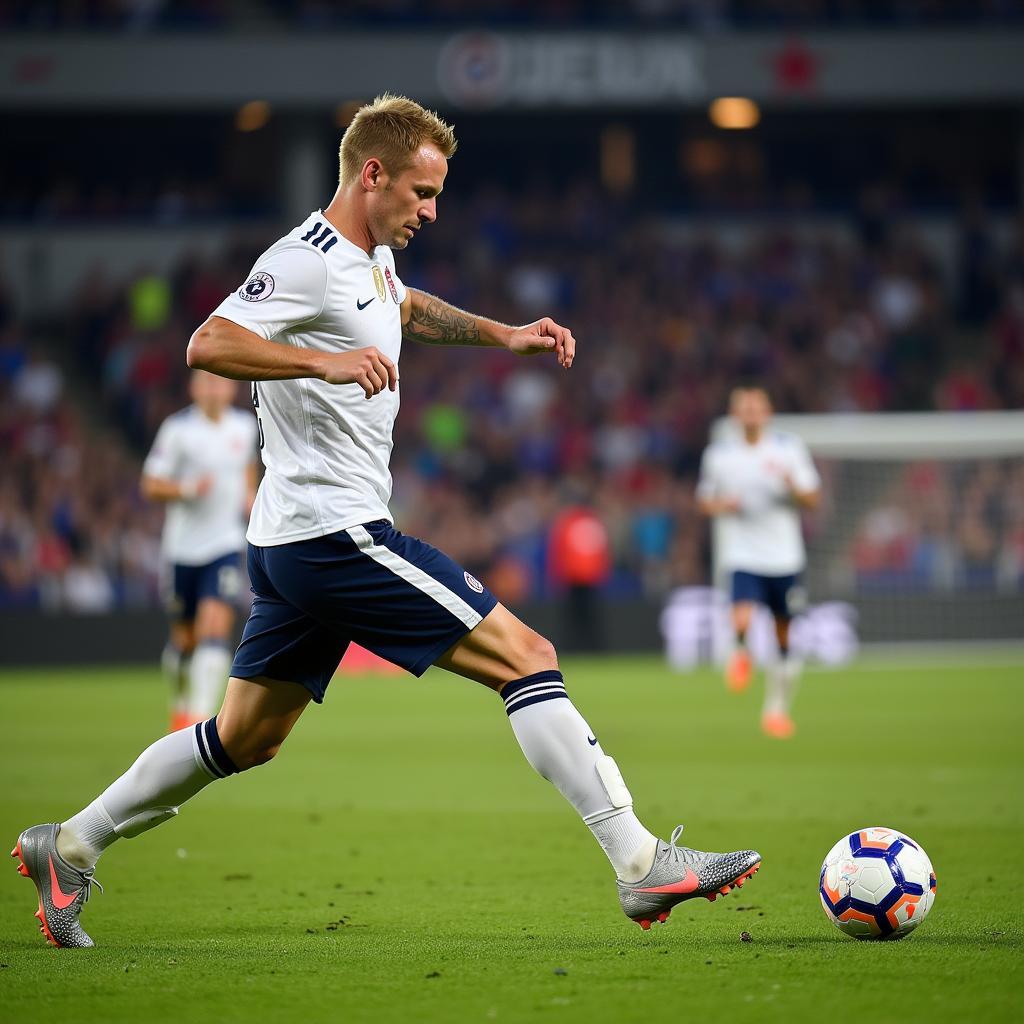 Erling Haaland scoring a goal wearing his Nike boots, demonstrating power and precision.