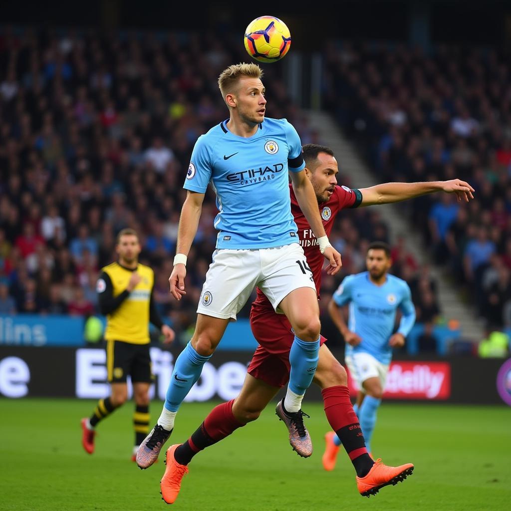 Erling Haaland scoring a powerful header for Manchester City