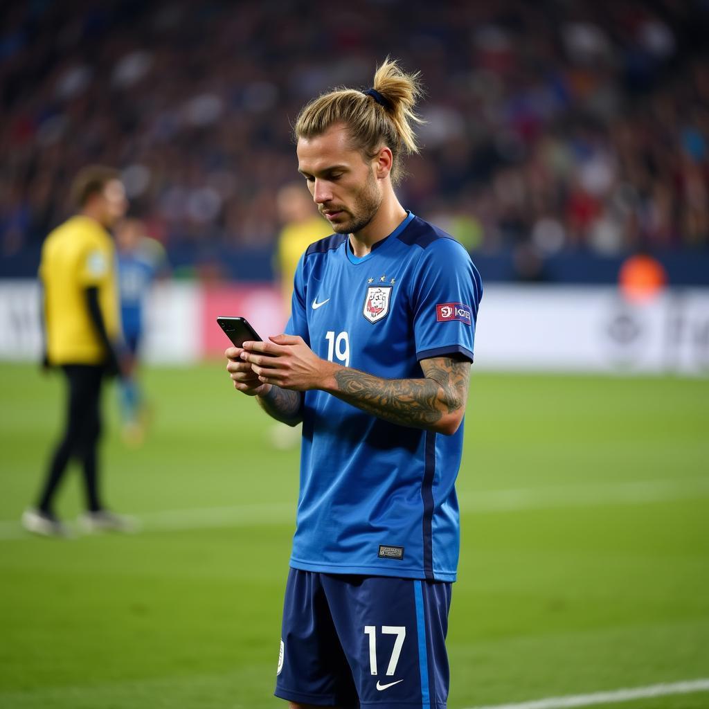 Erling Haaland using his smartphone on the sidelines of a football pitch, possibly checking messages or social media.