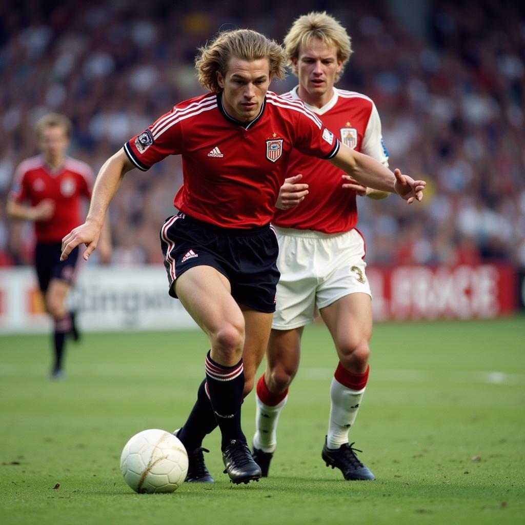 Erling Haaland displaying his physical strength while battling for possession