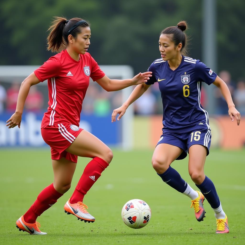 A female midfielder executing a precise pass