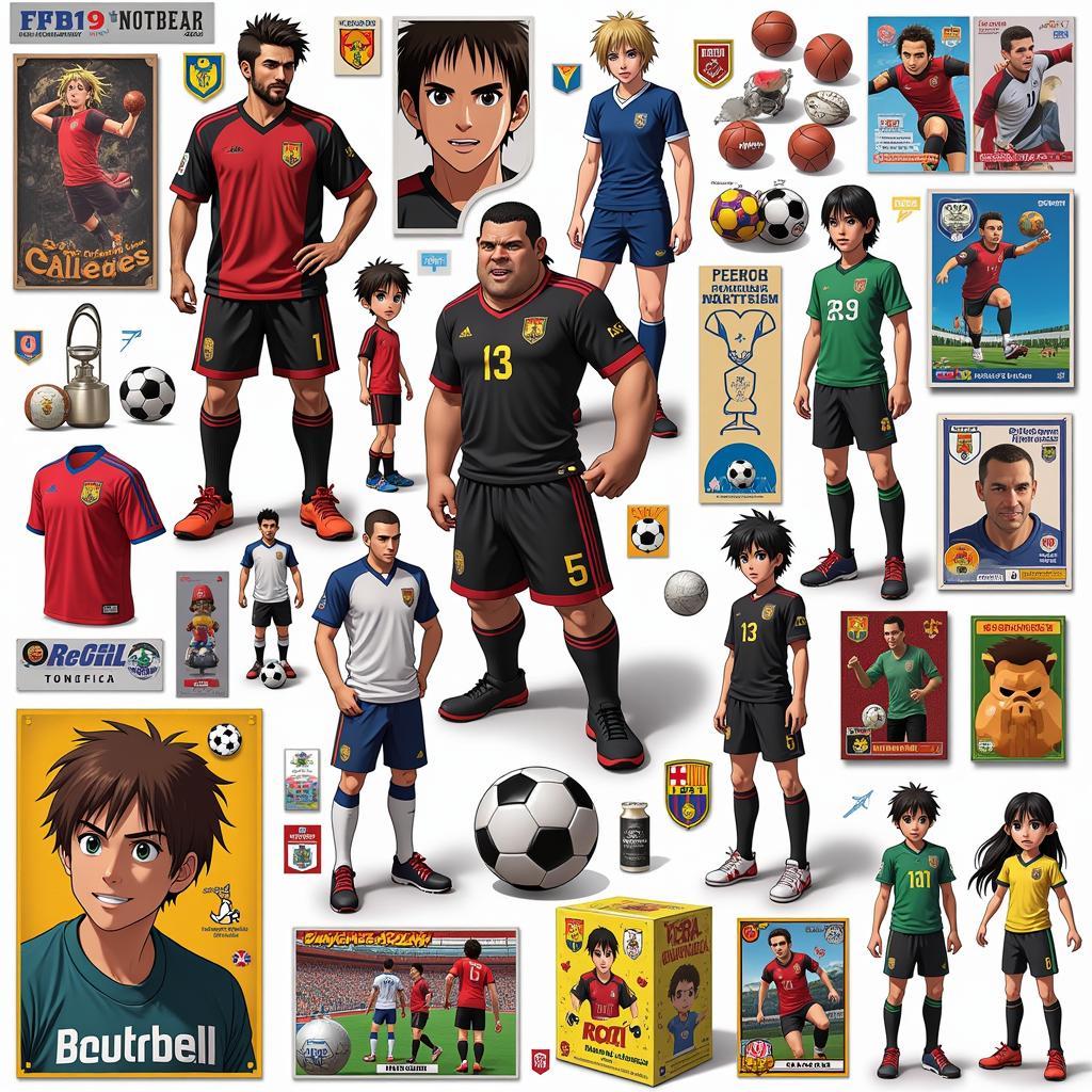 A display of various merchandise based on a popular football anime series.