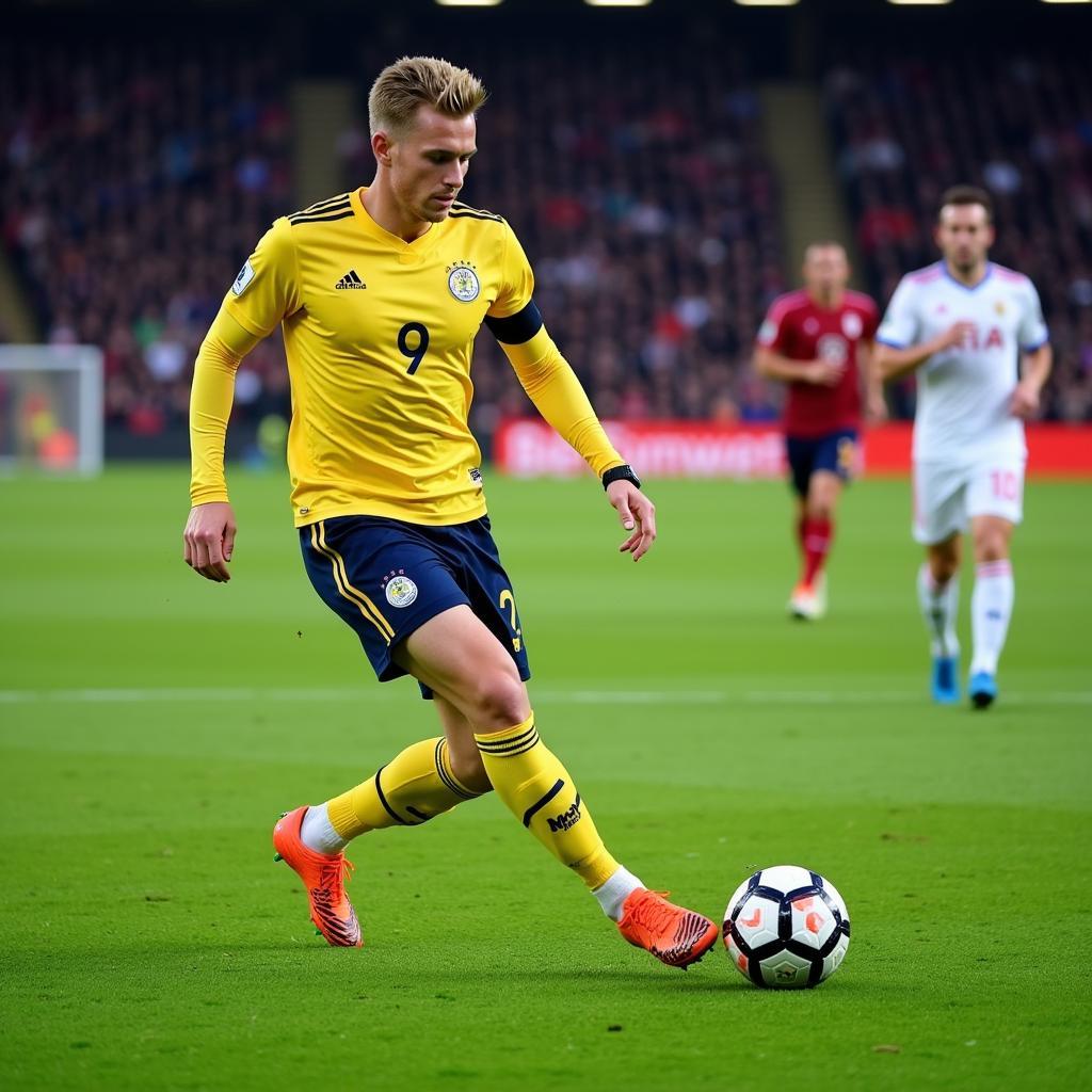 Erling Haaland wearing football boots on the pitch, preparing for a free kick.