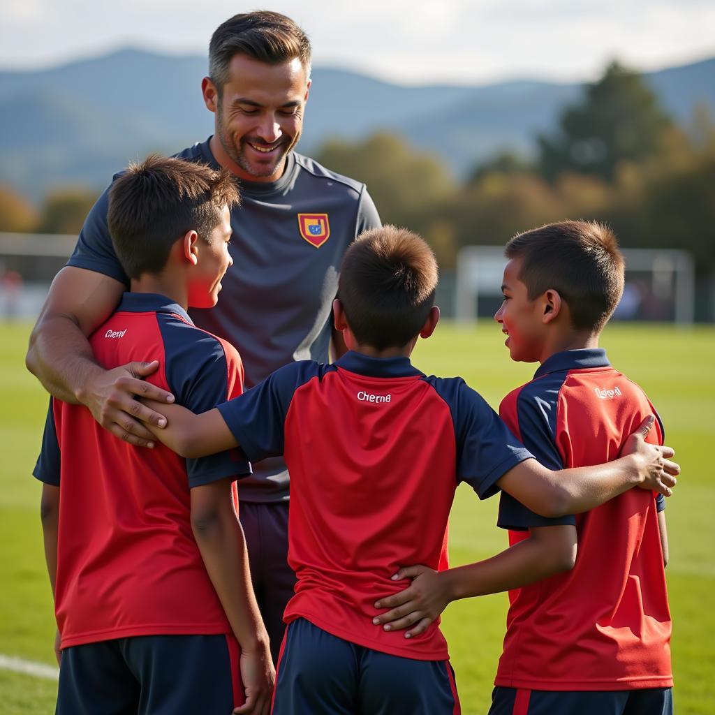 A football coach mentoring young players