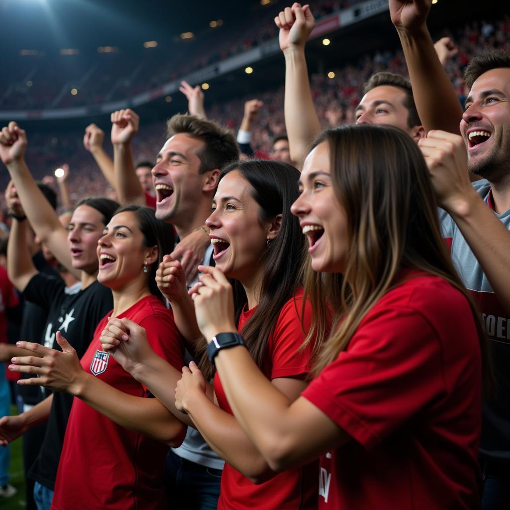 Jubilant fans celebrating a goal, expressing their joy and passion for the game