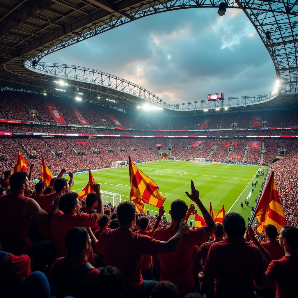 Football fans cheering in a packed stadium