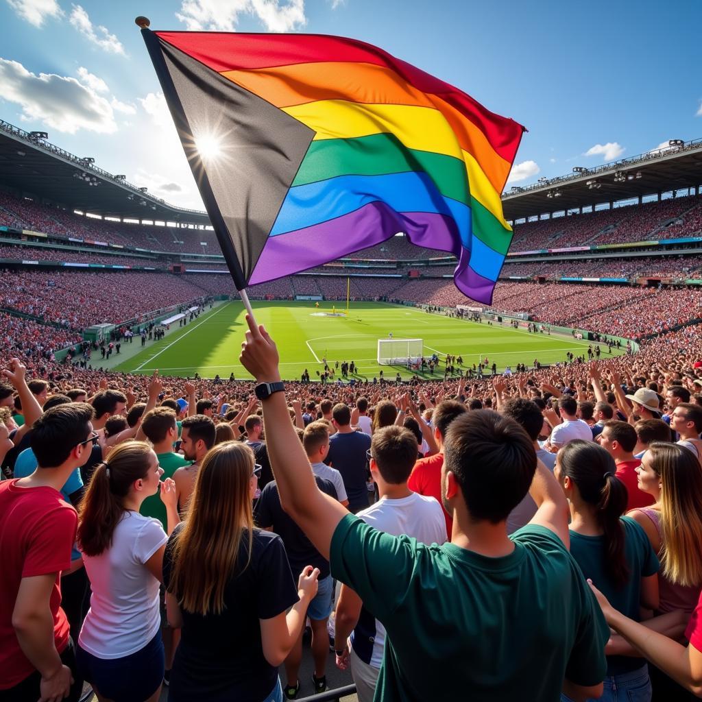 Football fans holding a rainbow flag in support of LGBTQ+ athletes.